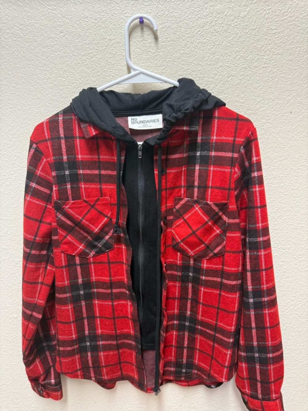 No Boundaries Red and Black Girls Hooded Shirt-jacket Size Medium (8-10) Kids